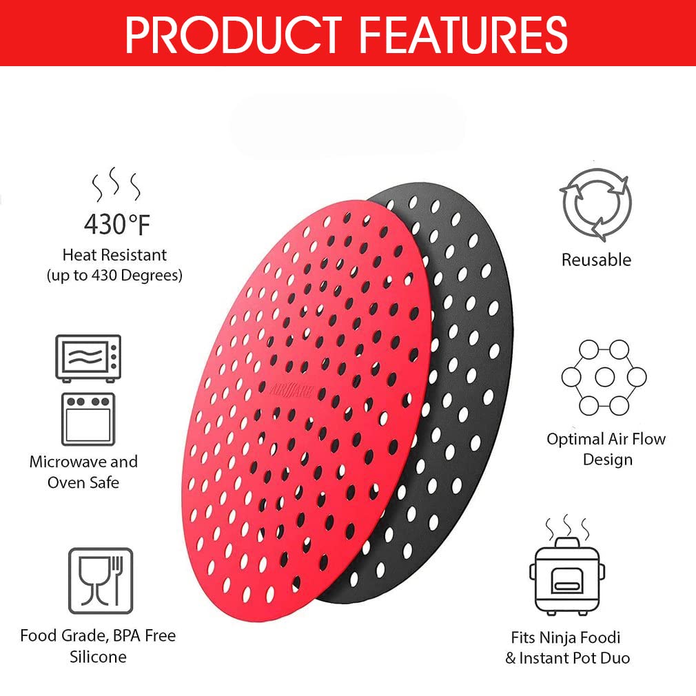 HASTHIP® Reusable Silicone Air Fryer Liners, 8 Inch Non-Stick Easy Clean Air Fryer Accessories, Round Air Fryer Oven Pads Foodgrade Silicone Heat Resistant (1 Red + 1 Black) HASTHIP® Reusable Silicone Air Fryer Liners, 8 Inch Non-Stick Easy Clean Air Fryer Accessories, Round Air Fryer Oven Pads Foodgrade Silicone Heat Resistant (1 Red + 1 Black)